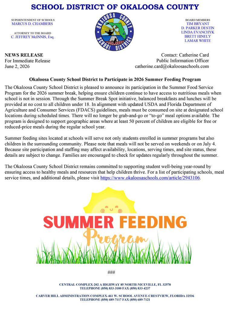 Press Release about Summer Feeding Program at Lewis School