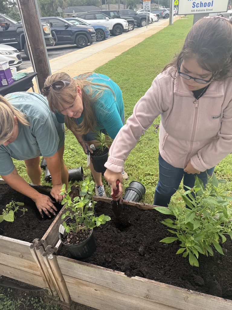 A Richbourg student works alongside adults to plant greenery in a raised garden bed, using a tool to dig a hole ot plant a plant..