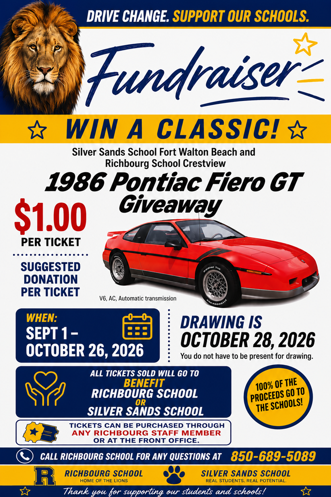 Flyer announcing a donation drawing benefiting Silver Sands School in Fort Walton Beach and Richbourg School in Crestview. The flyer features a red 1986 Pontiac Fiero GT. Tickets have a suggested donation of $1 each, and 100% of the proceeds benefit the schools. The drawing will take place October 28, 2026, at Silver Sands School. Participants do not have to be present to win. The vehicle has a V6 engine, air conditioning, and automatic transmission.