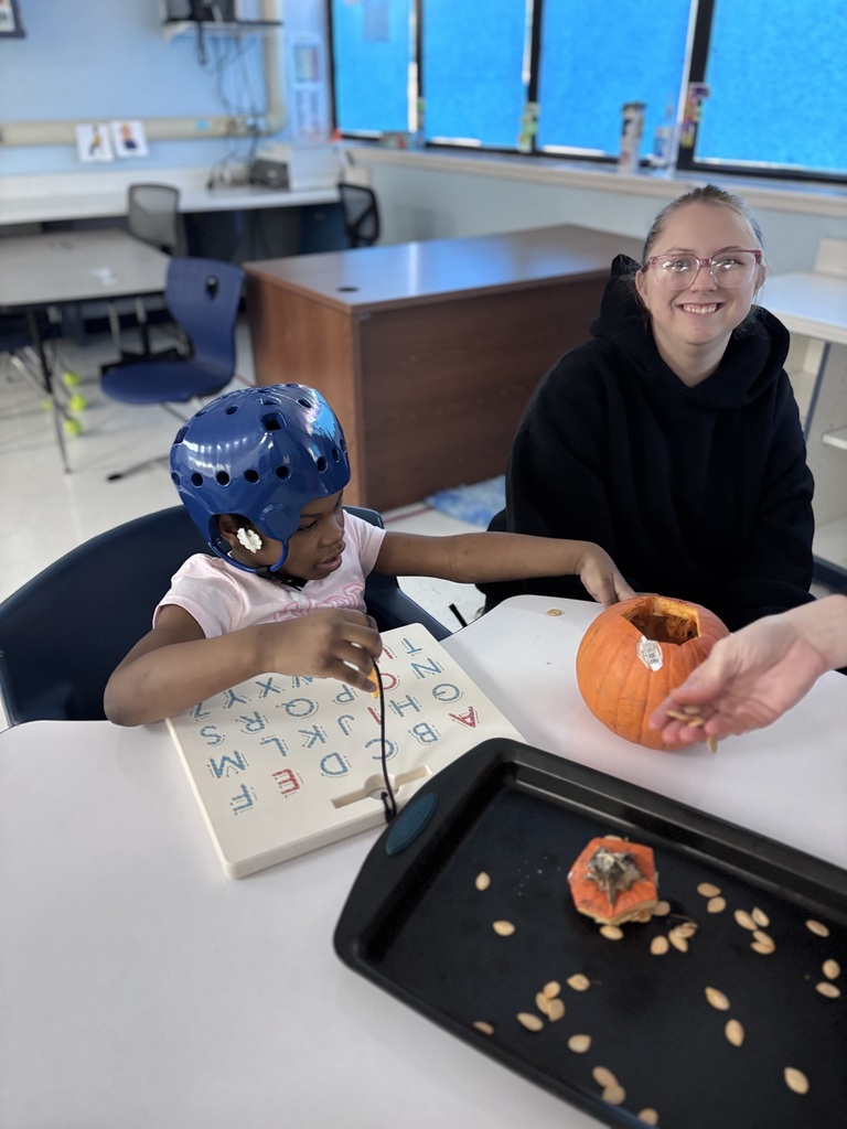 Student explores a pumpkin during a sensory learning activity, touching and counting pumpkin seeds while participating in a hands-on classroom lesson.