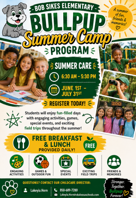 Flyer for Bob Sikes Elementary Bullpup Summer Camp with summer activities, field trips, meals, and childcare information.