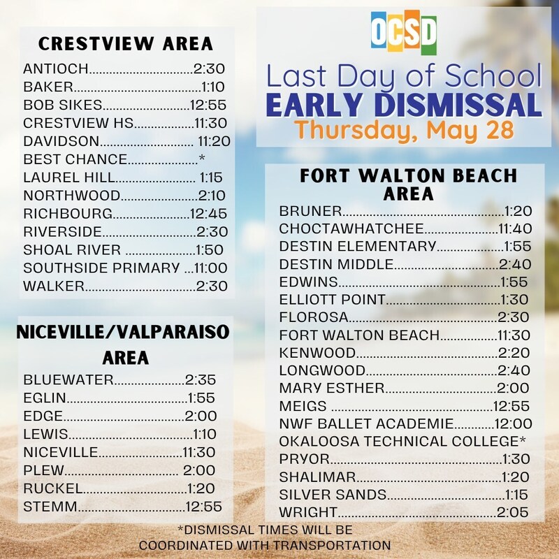 Graphic from Okaloosa County School District (OCSD) announcing “Last Day of School Early Dismissal — Thursday, May 28.” The image lists early release times by school and area (defined above in article).