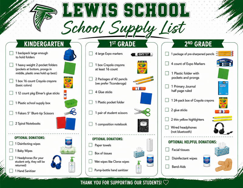 Image shows school supply list for K, 1 and 2. This information is also available below the images