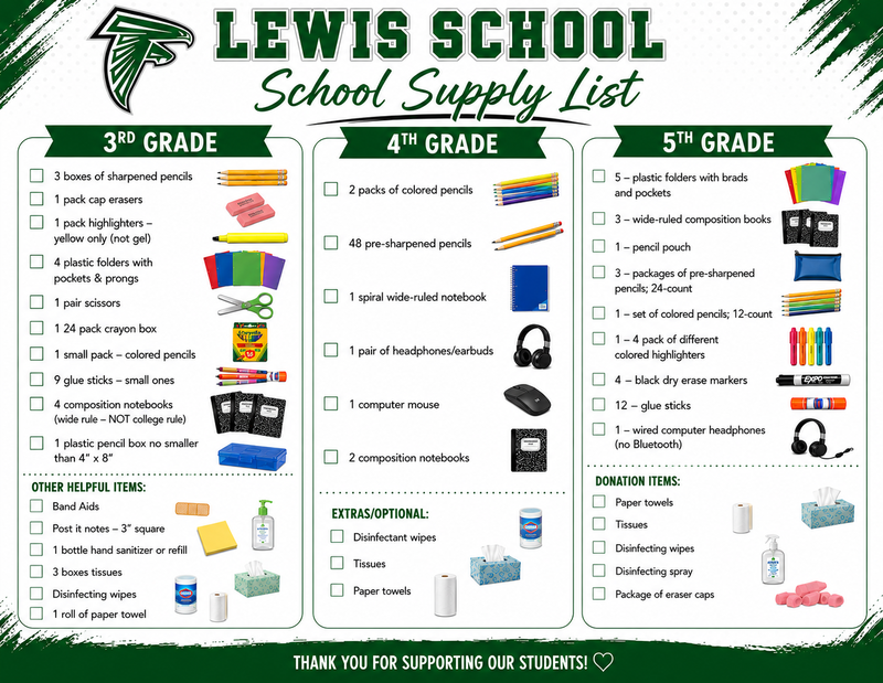 Image shows school supply lists for 3, 4, 5. List is also included below the images.