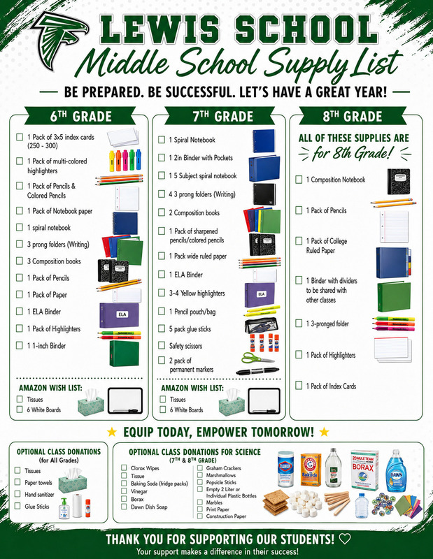 Image show middle school supply list. The list is also included in text below the images.