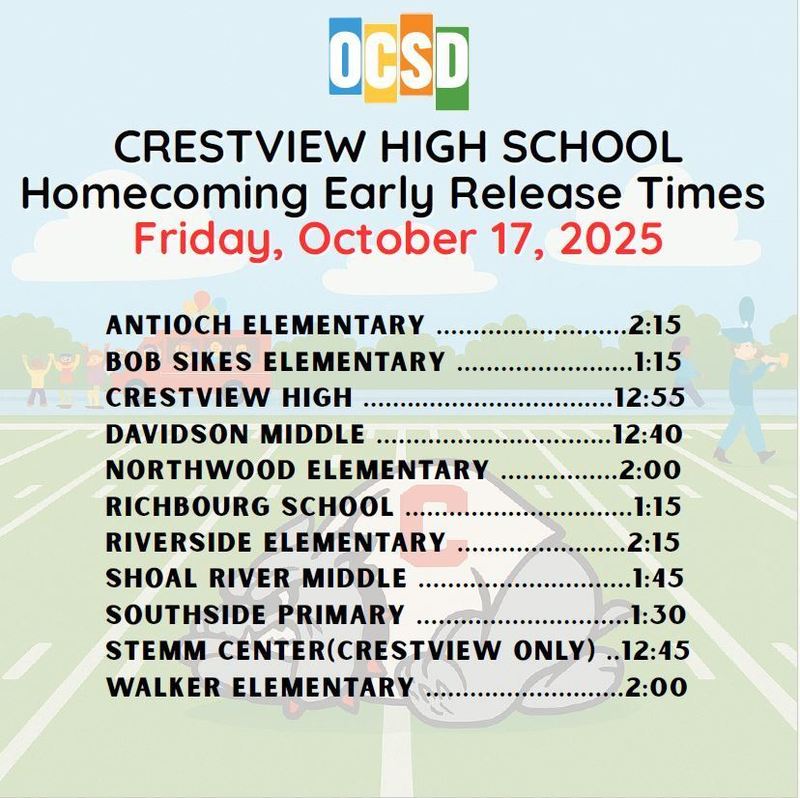 Crestview High School Homecoming Early Release Times Friday October 17, 2025 Antioch 2:15pm