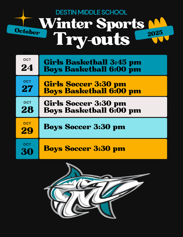 Oct 24 - Girls BB 3:45pm; Boys BB 6PM;  Oct 27 & 28 Girls Soccer 3:30PM, Boys BB 6:00PM; Oct 29 & 30 Boys Soccer 3:30 PM