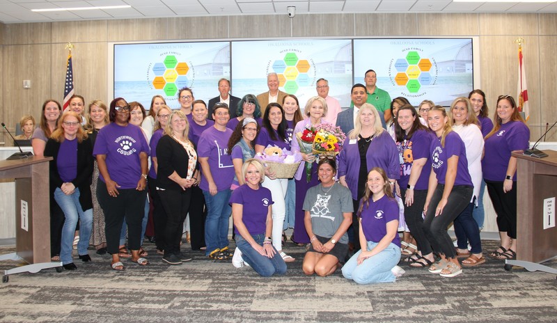 Dr. Donna Kelley - Pineview School Principal at School Board meeting with family, friends, and co-workers.