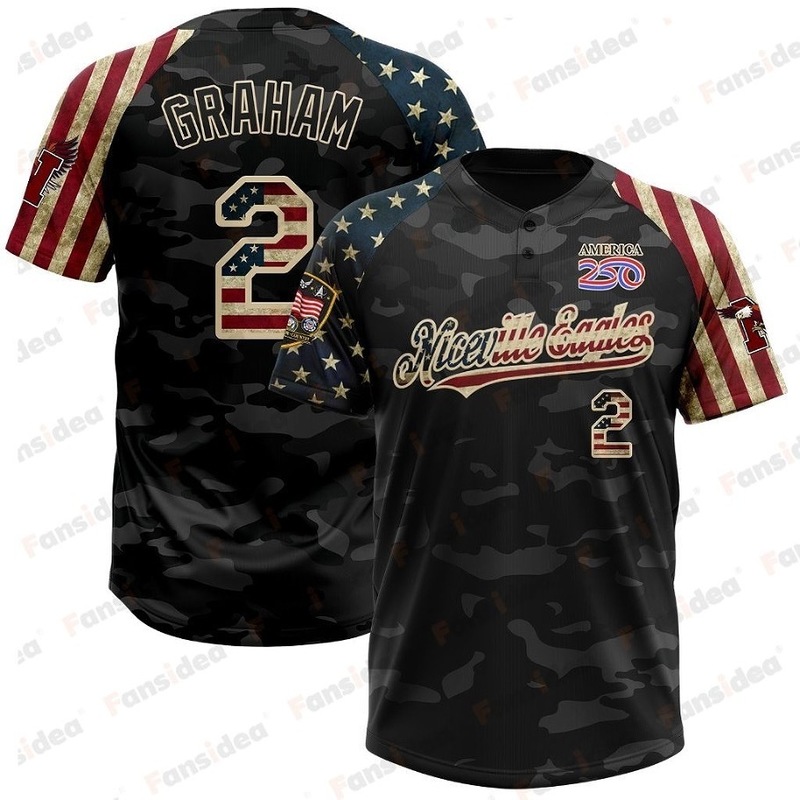 The jerseys feature a bold blue-and-black camouflage design, accented with red, white, and blue elements, along with the official America 250 logo.