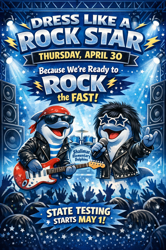 Rock‑themed school poster showing cartoon dolphins as rock stars with text announcing Dress Like a Rock Star on April 30 and state testing starting May 1.