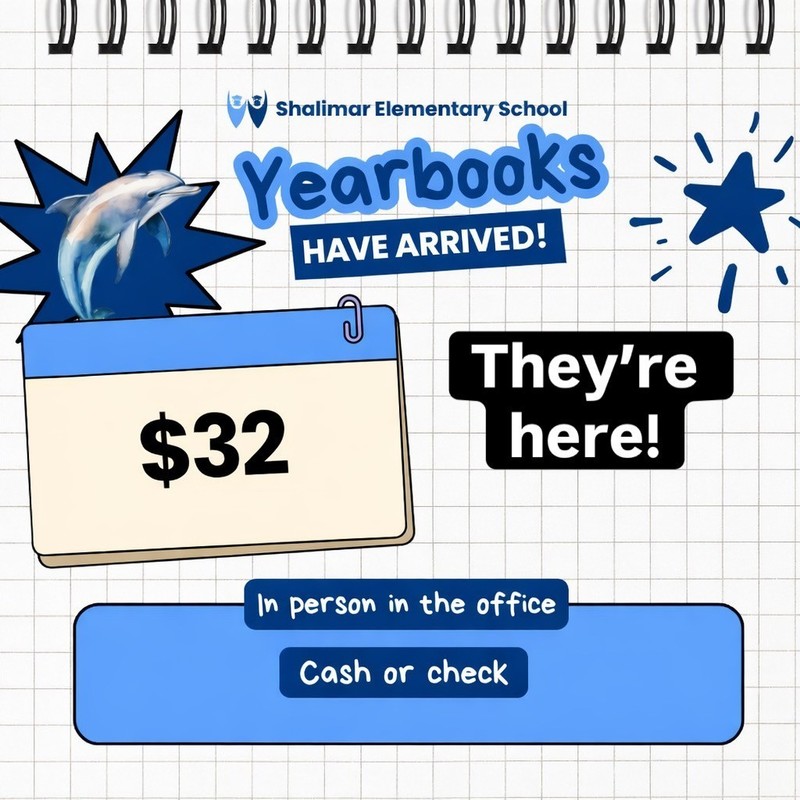 Yearbooks have arrived and are $32! Pick up yours today in person in the office. Cash or Check!!