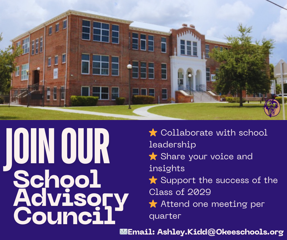 Join our School Advisory Council Flyer with picture of the front of the school building
