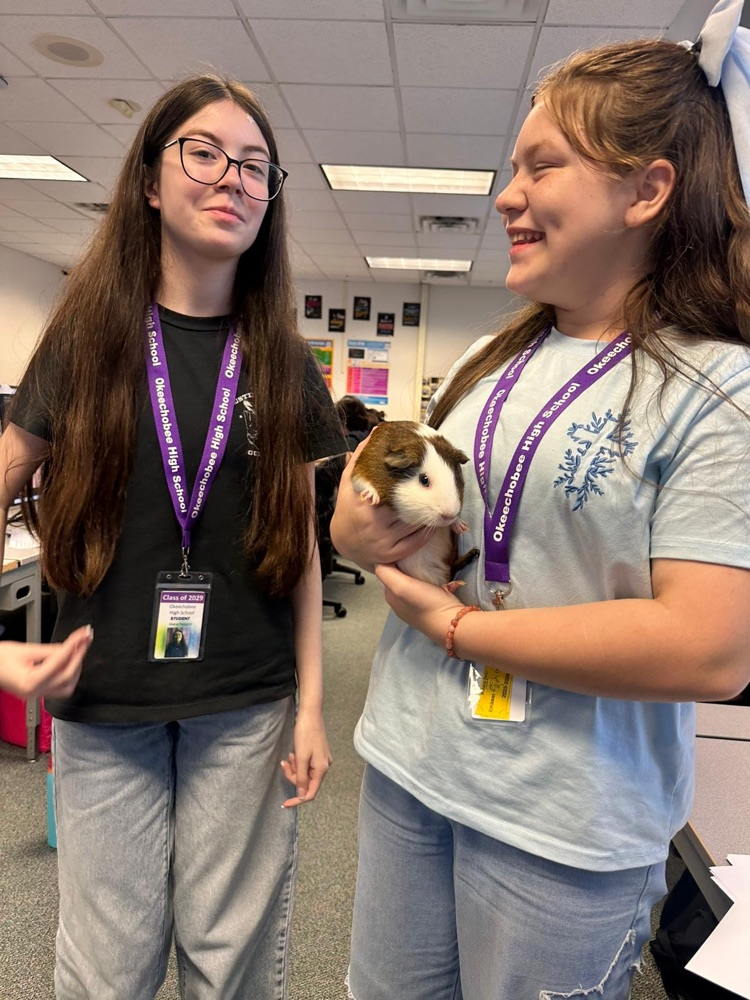 Two girls holding guinea pig in class