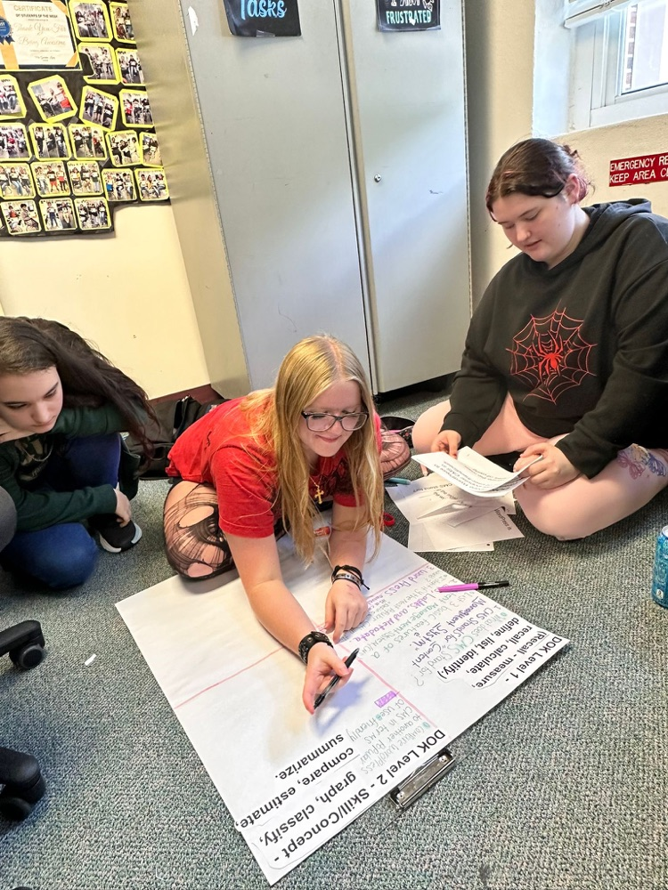 three students on floor working on poster
