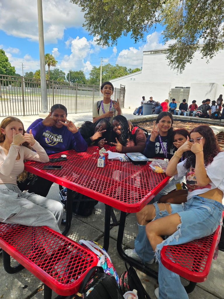 eight students sitting outside in courtyard during school lunch