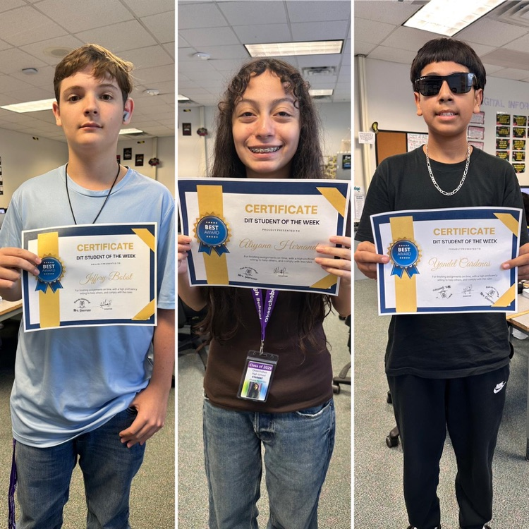 three students holding digital tech student of the week certicates