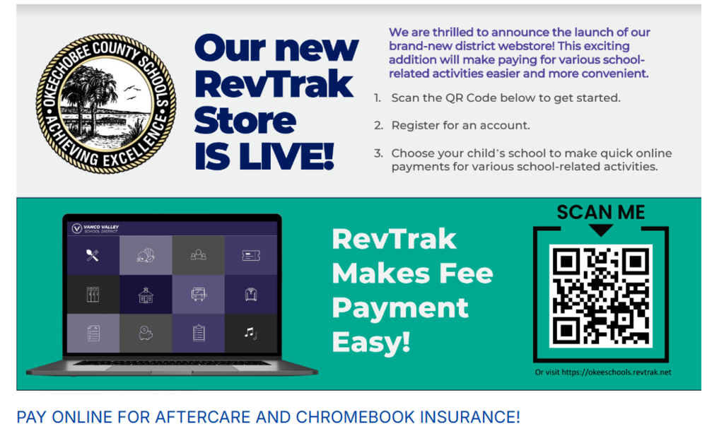 flyer with picture of chromebook, school board logo with palm trees, and qr code