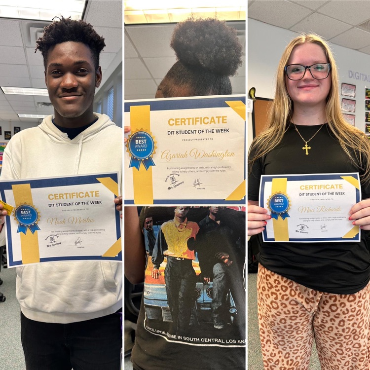 three students holding DIT student of the week certificates 