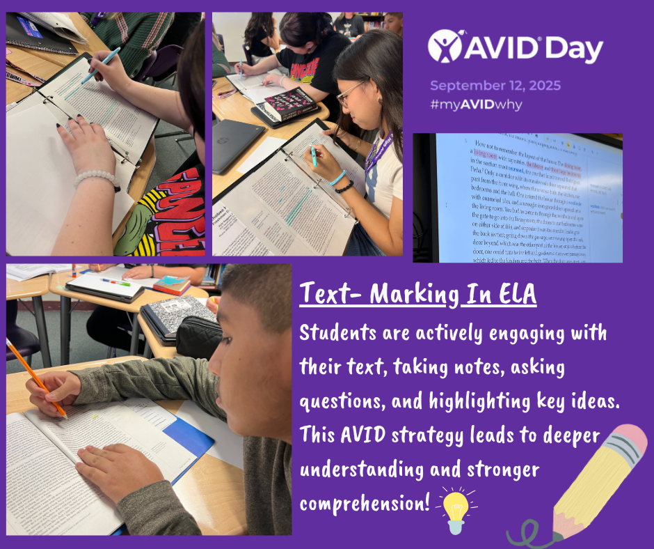 flyer for AVID Day 2025 showcasing students text marking in ELA
