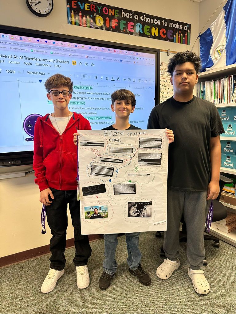 three students holding up AI poster in classroom