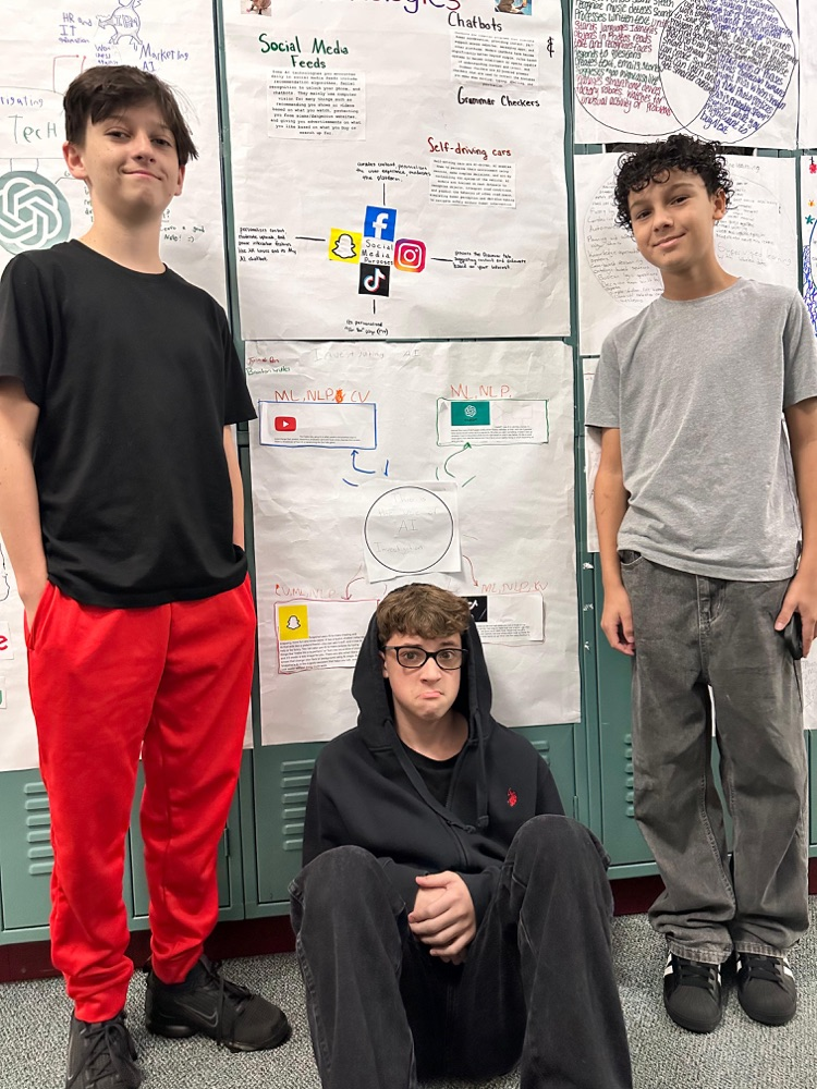 students infront of school posters they made