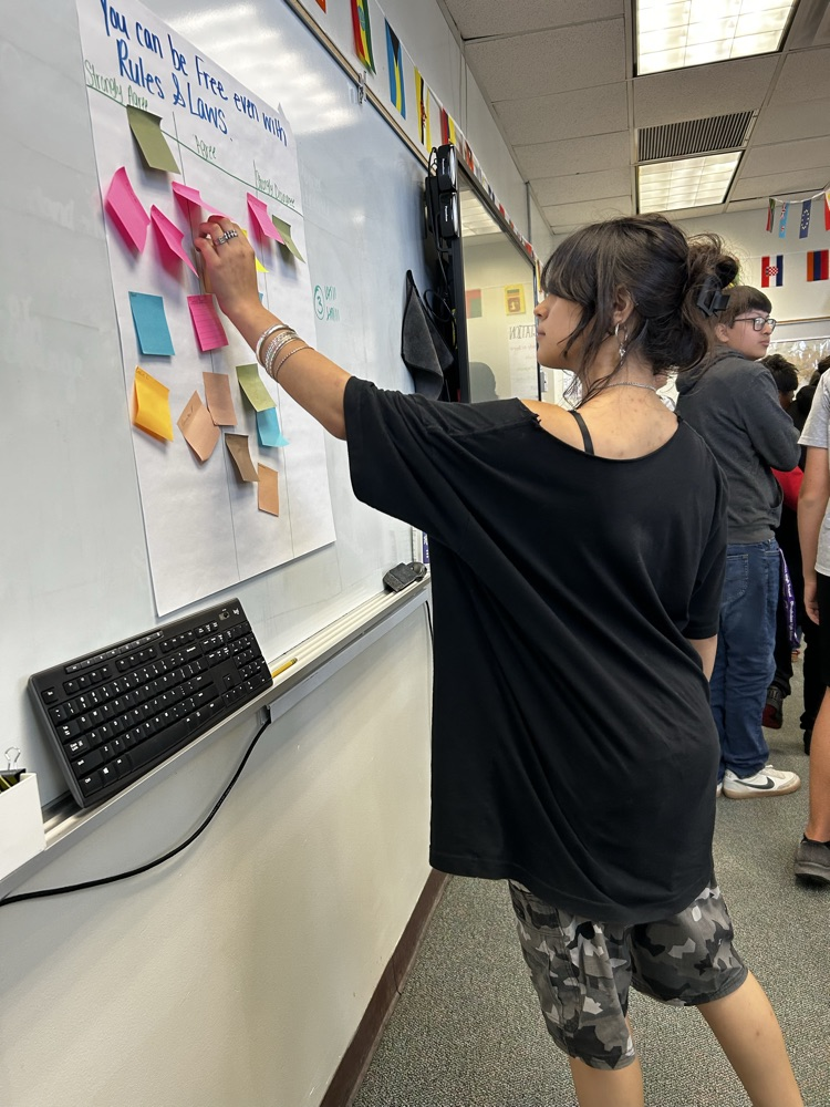 student sticking post it notes on poster 