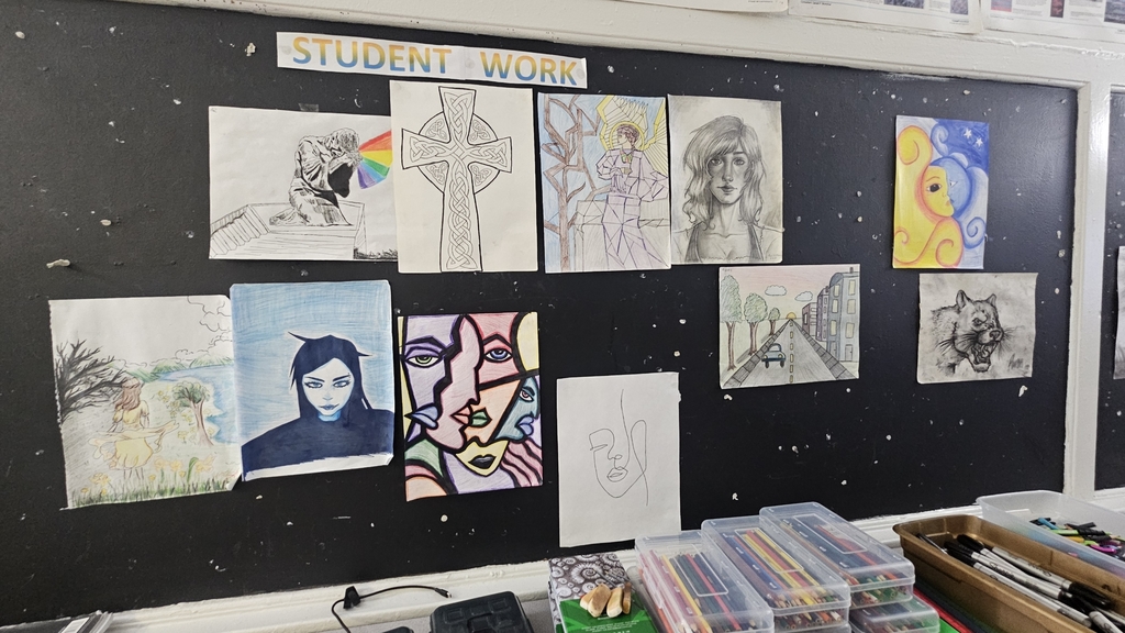 student art work hung up on the wall
