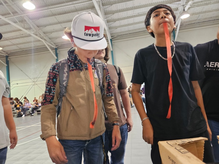 two boys playing fruit roll up game in gym 