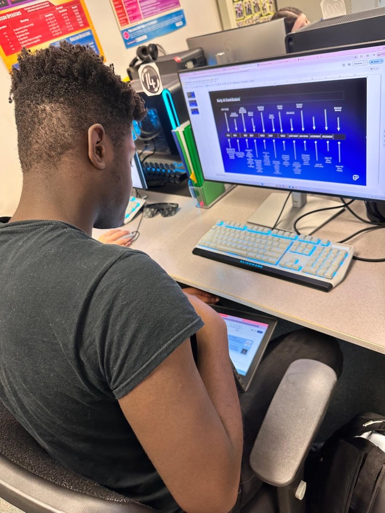 student working on two computers