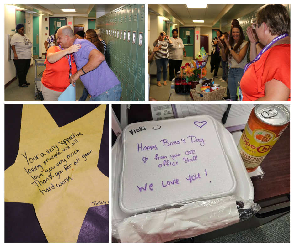 four picture collage of boss day celebration for principal