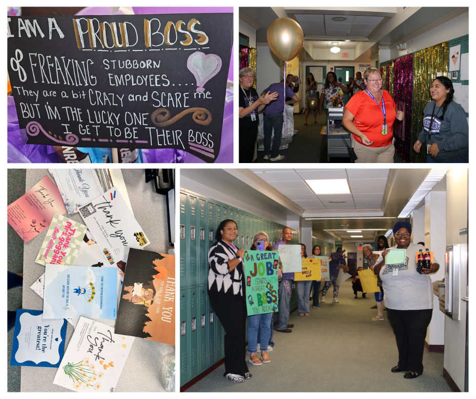 four picture collage of boss day celebration for principal