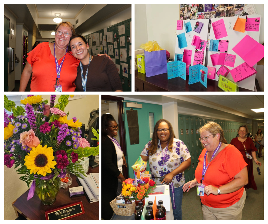 four picture collage of boss day celebration for principal