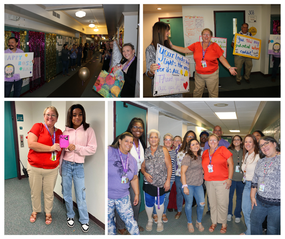 four picture collage of boss day celebration for principal