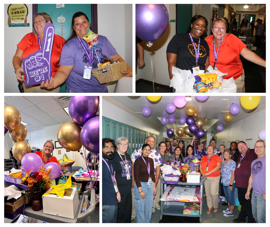 four picture collage of boss day celebration for principal