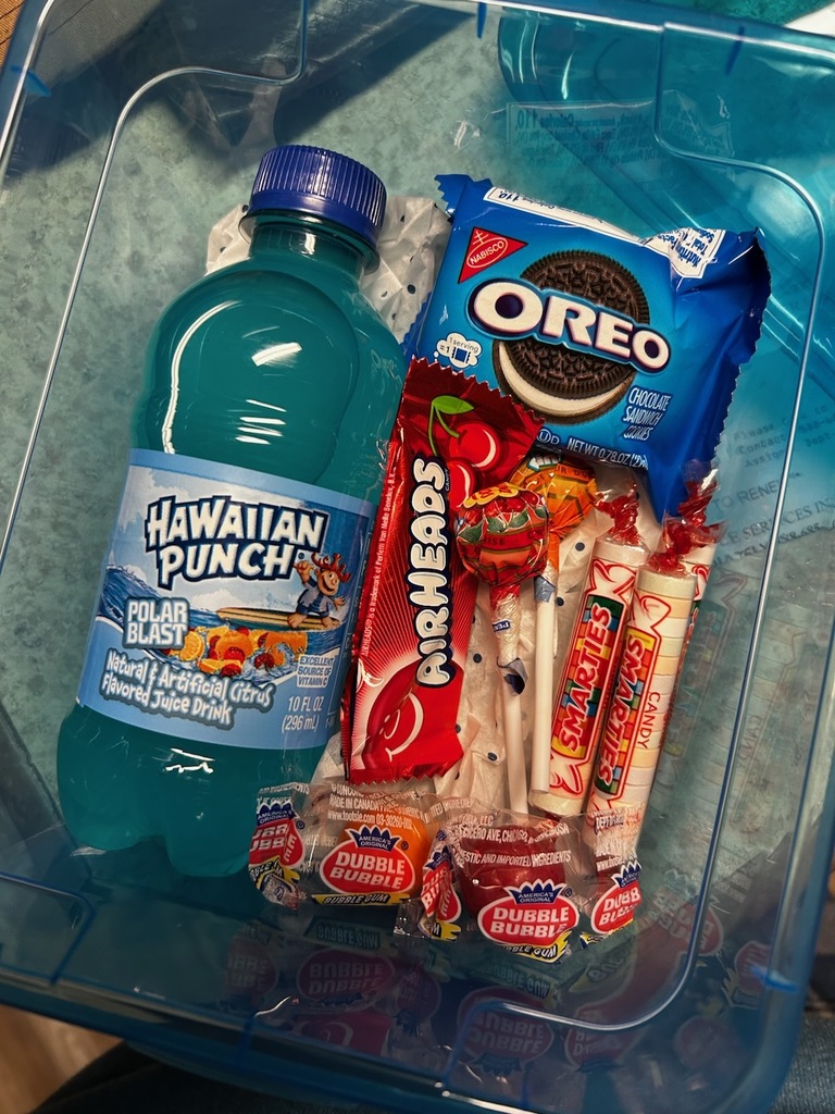 snacks from teacher in a blue kit
