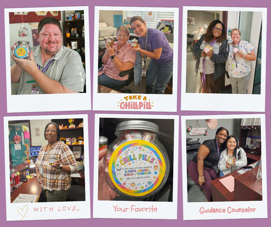 six picture collage of teachers with chill pill bottles