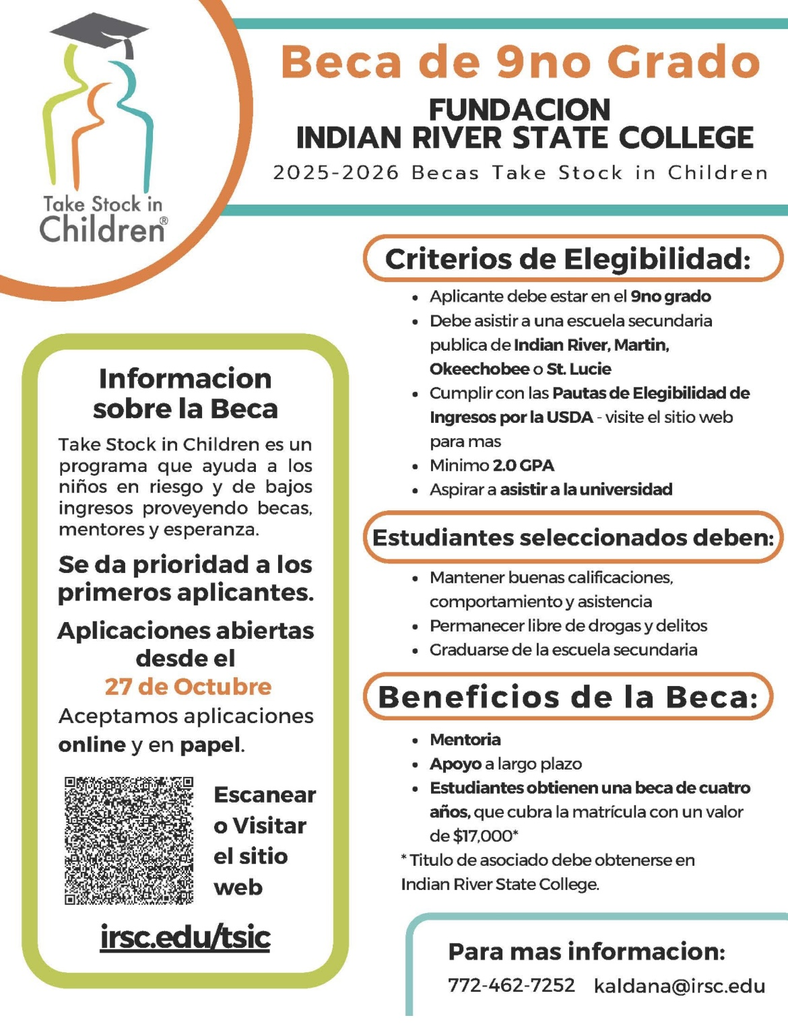 9th grade scholarship for take stock in children flyer in spanish