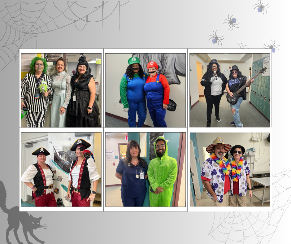 collage of six pictures of teachers dressed for halloween