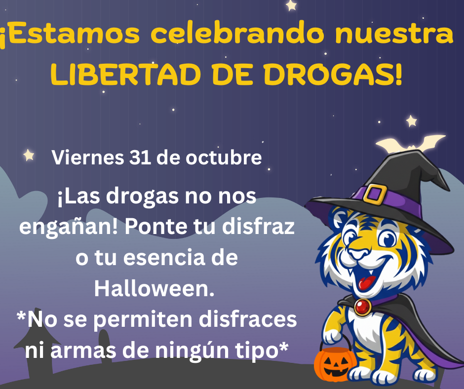 Night sky with tiger dressed in witch costume with pumpkin bucket