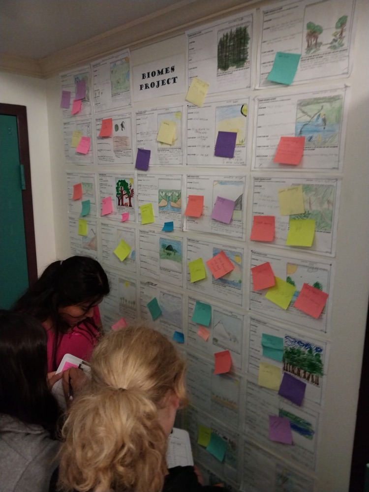 students looking at wall on hallway