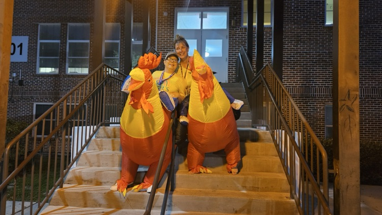 two teachers dressed as chickens