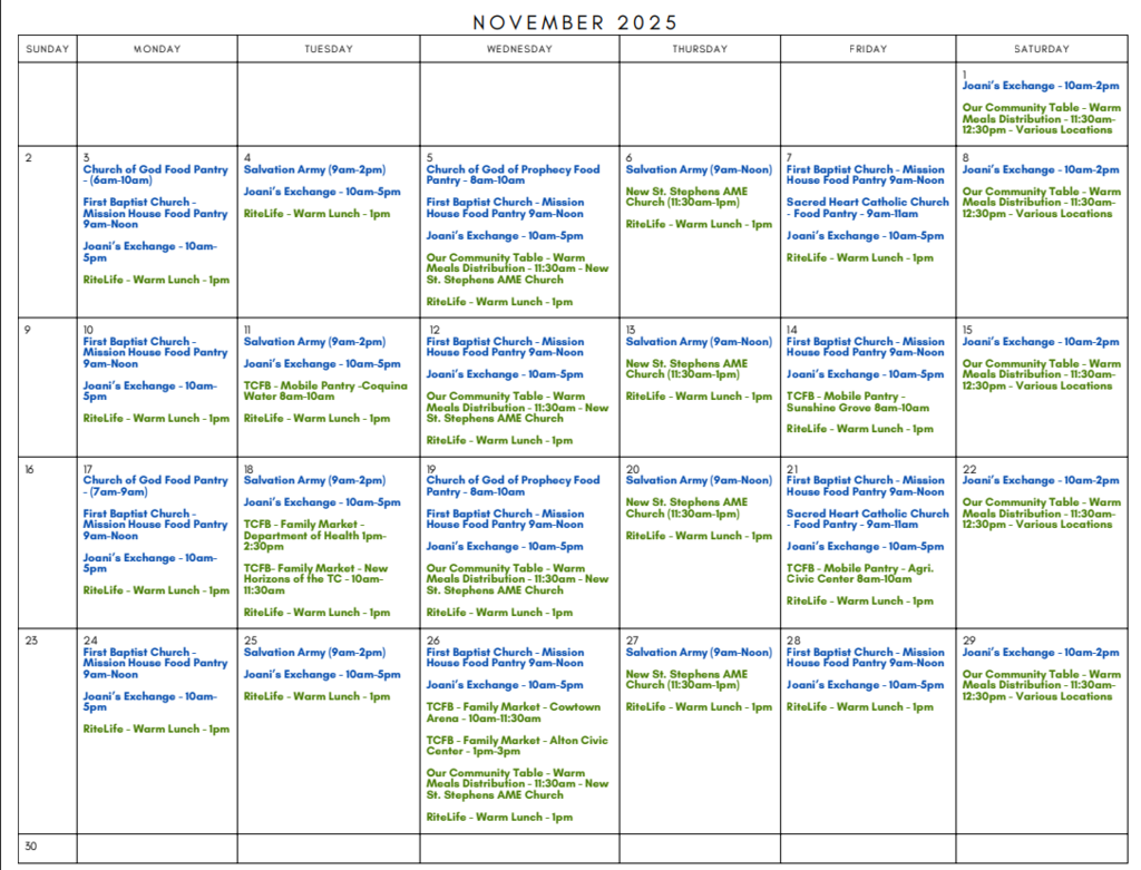 November calendar of food Pantries 