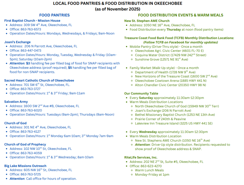 list of local Okeechobee Pantries and food distribution