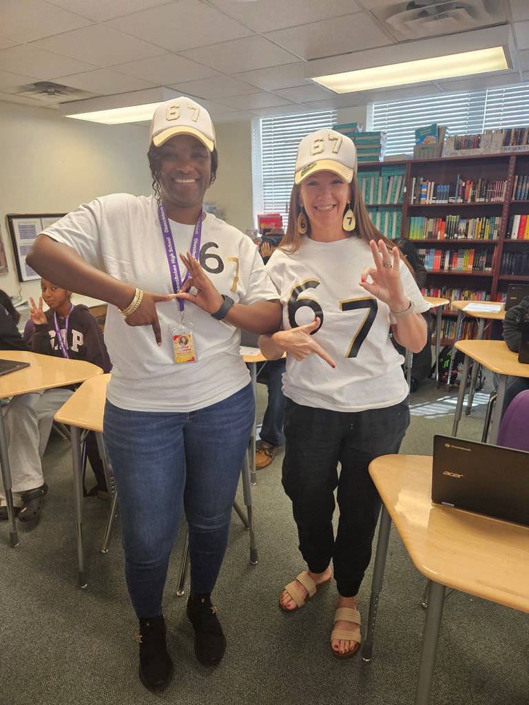 guidance counselor and teacher wearing 67 for 67th day of school