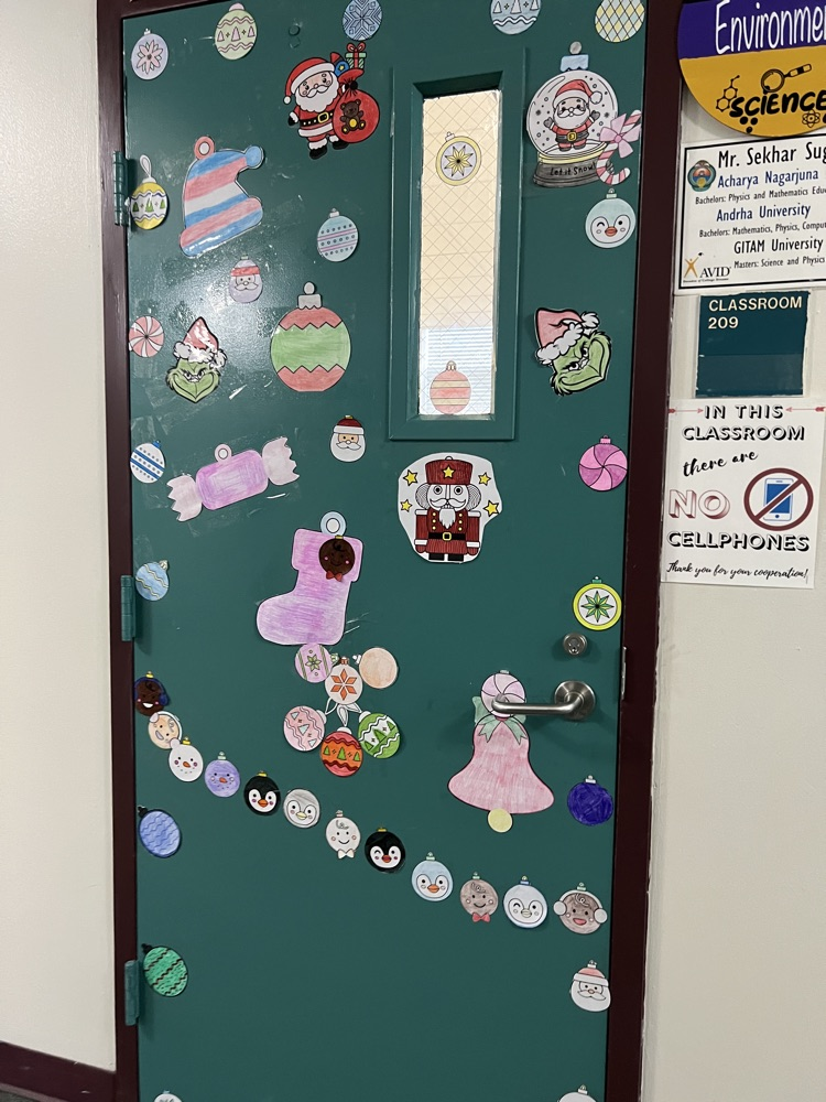 Christmas decorated school door