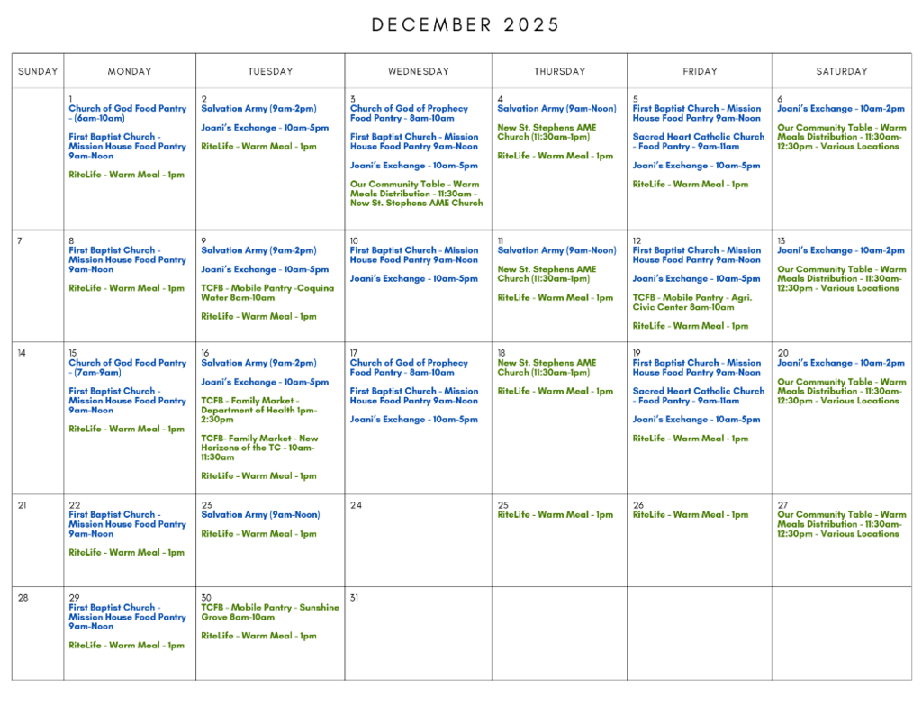 december calendar of food distribution 