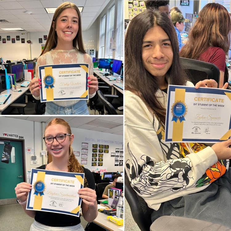 three students holding certificates 