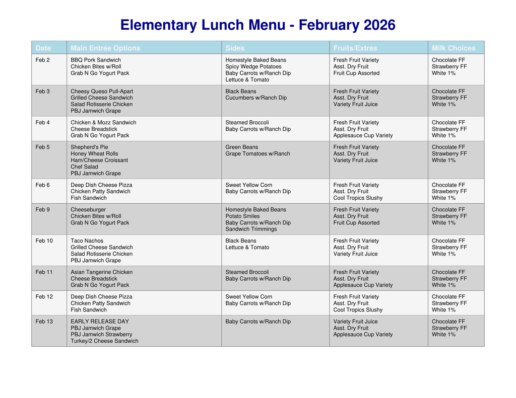 February Elementary Lunch Menus