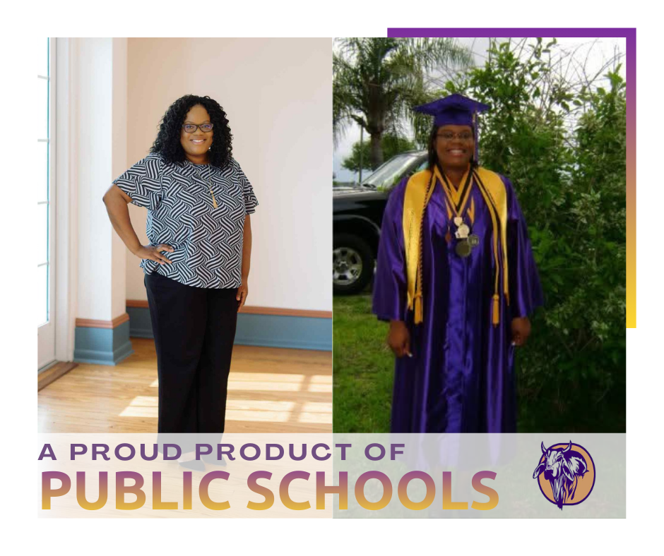 two picture collage with caption of a proud product of public schools