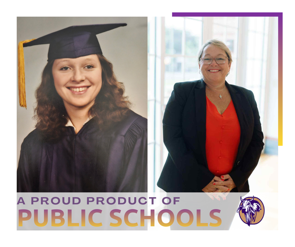 a two picture collage with a proud product of public schools caption